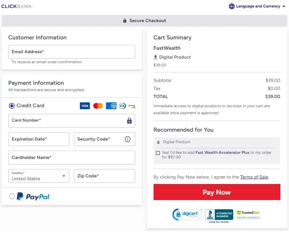 The Fast Wealth Checkout Page